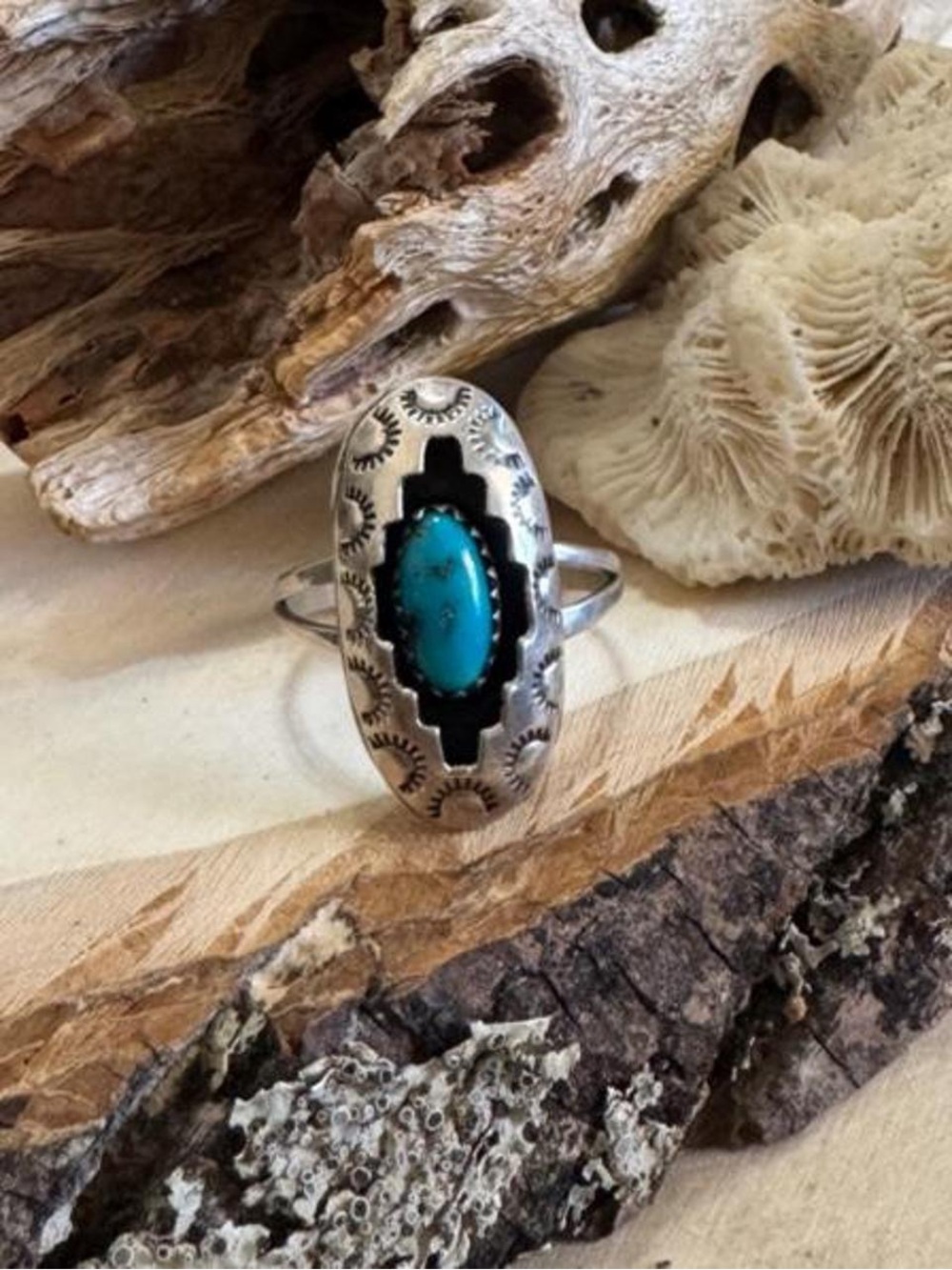 D Skeet Native American Shadow Box Sterling Turquoise Ring sz 10